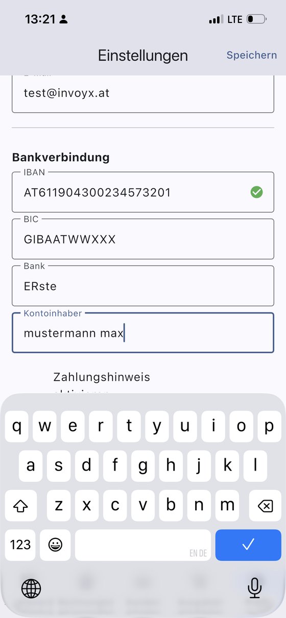 InvoYX Bankverbindung mit IBAN QR-Code