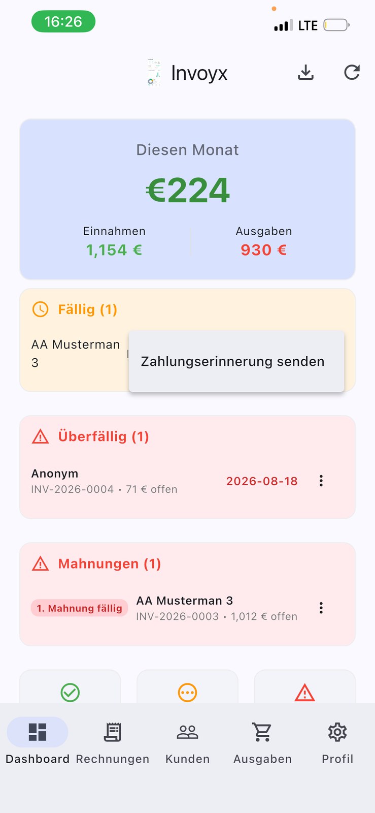 InvoYX fällige Rechnungen Liste