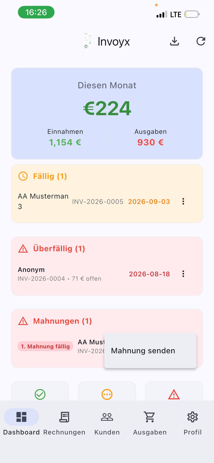 InvoYX Mahnwesen Ansicht