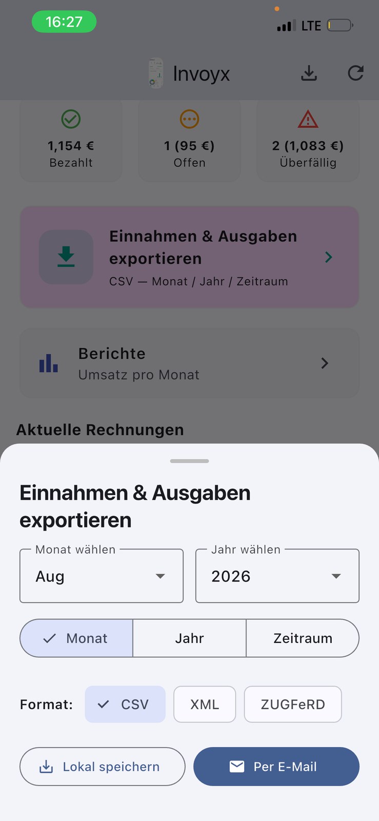 InvoYX Export per E-Mail WhatsApp senden