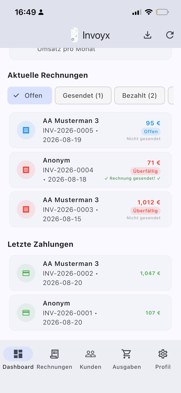 InvoYX aktuelle Rechnungen und letzte Zahlungen