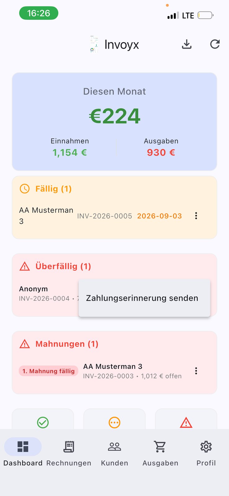 InvoYX überfällige Rechnungen Liste