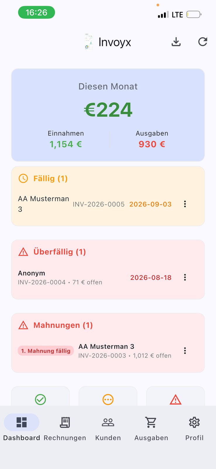 InvoYX Dashboard Übersicht mit Einnahmen- und Ausgaben-Diagramm