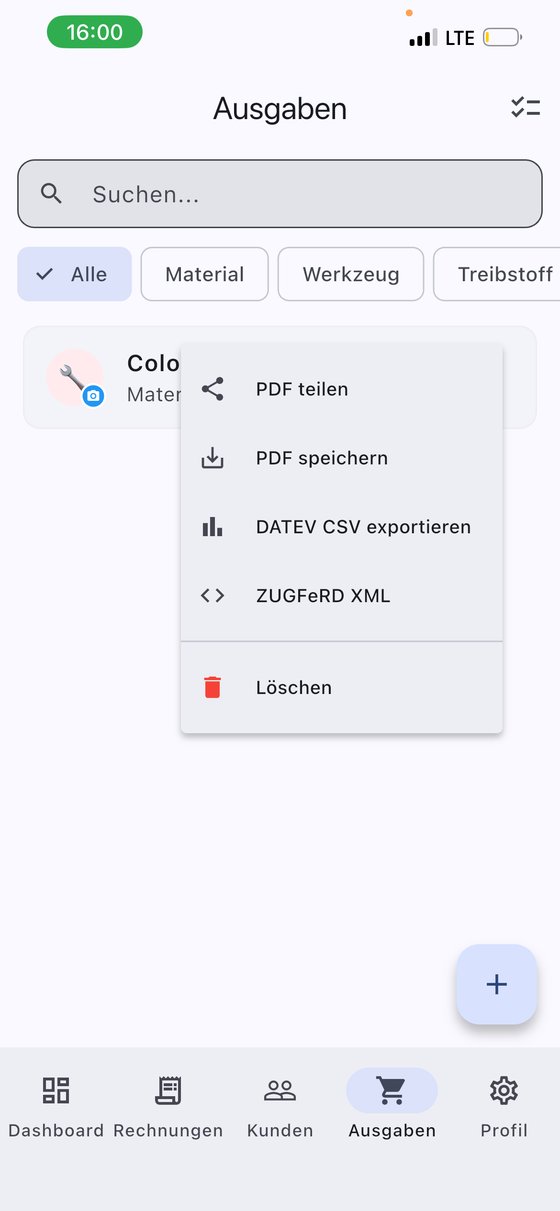 InvoYX Ausgaben Optionen Menü
