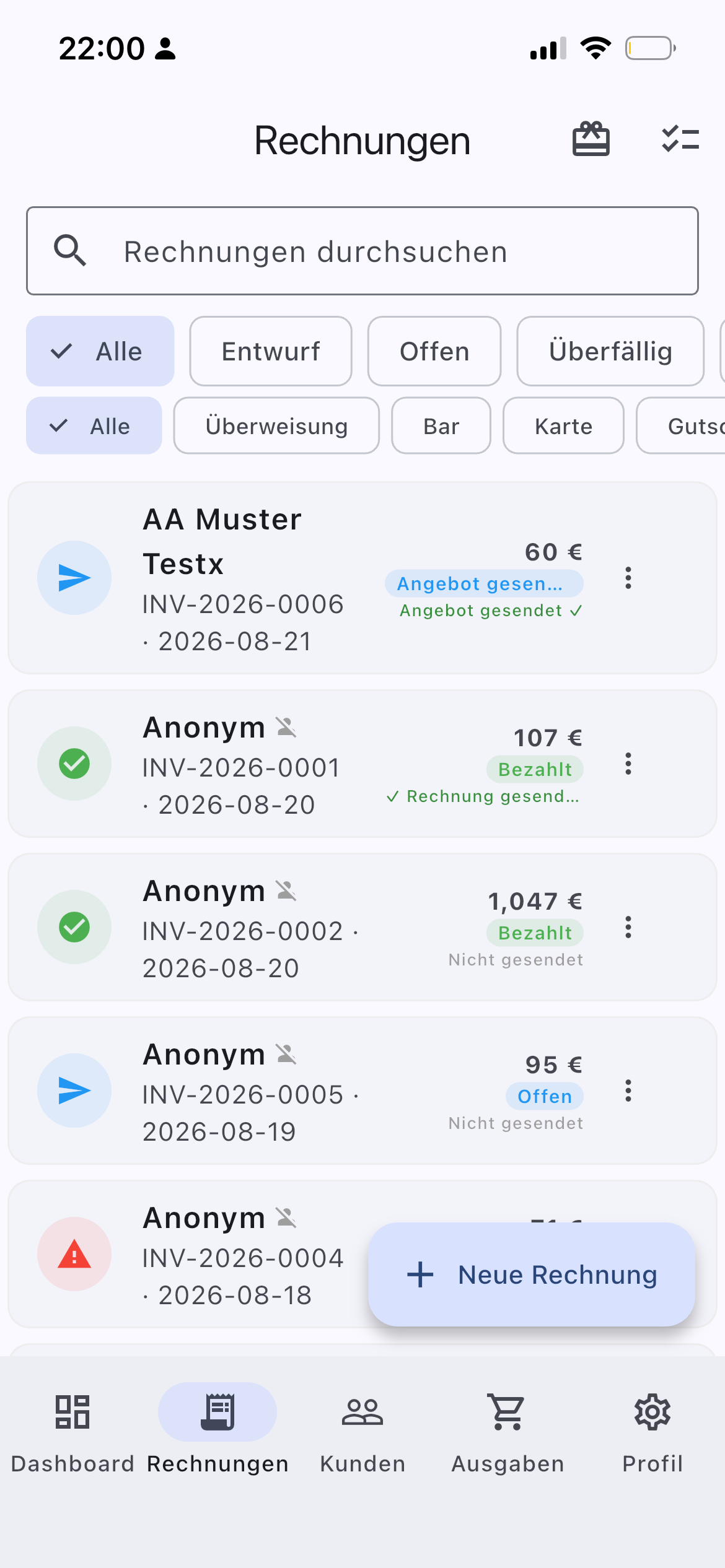 InvoYX Rechnung Kundenauswahl