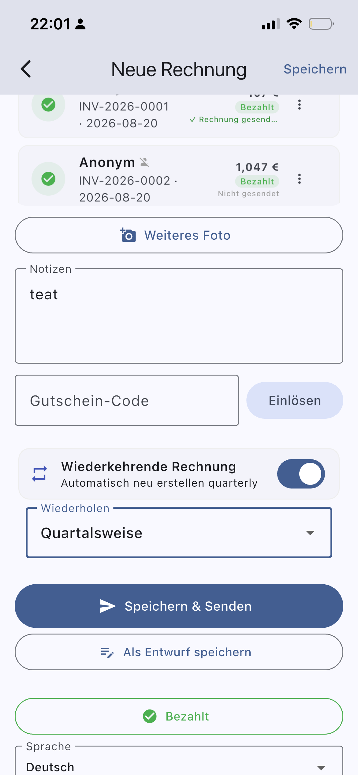 InvoYX Rechnung Datum und Belegsprache