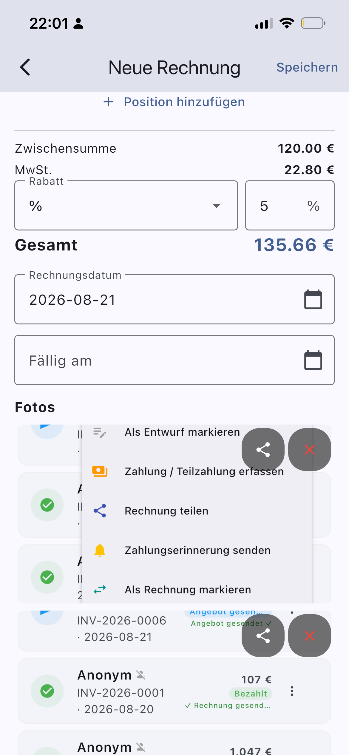 InvoYX Rechnung Rabatt Prozent oder Festbetrag
