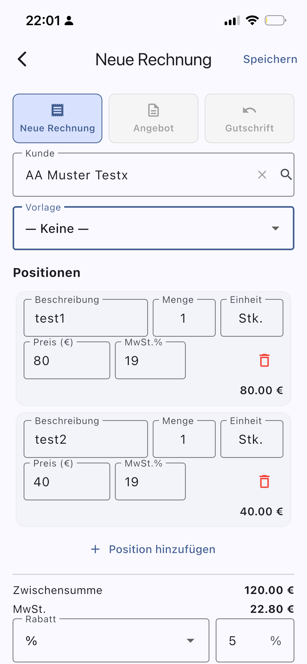 InvoYX Rechnung Positionen und Vorlage