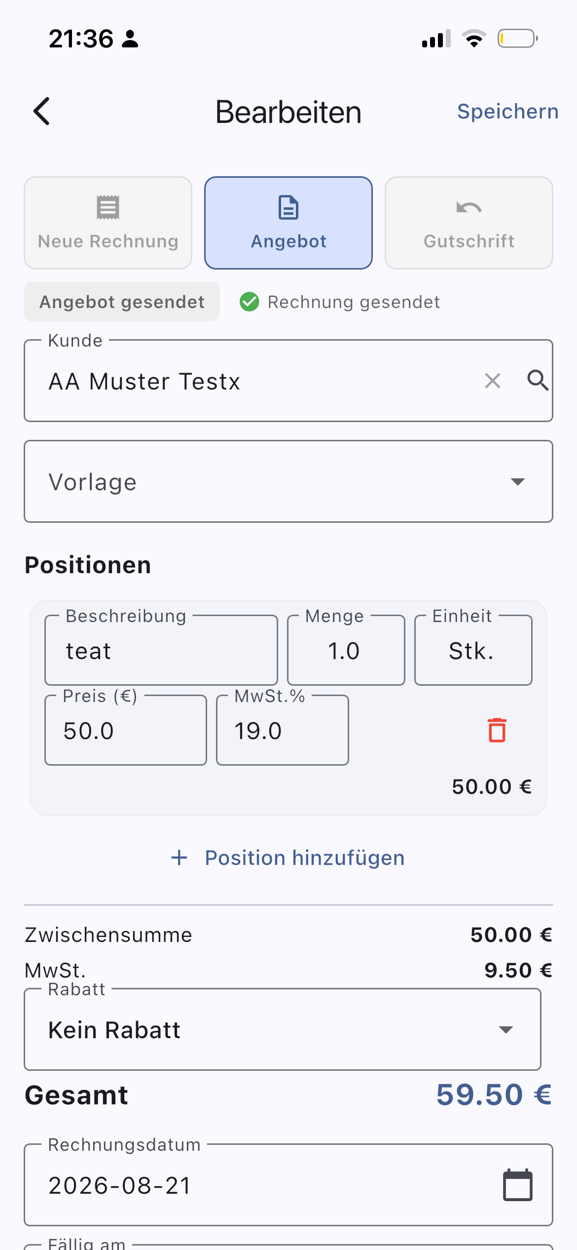 InvoYX Angebot Kunde oder anonym