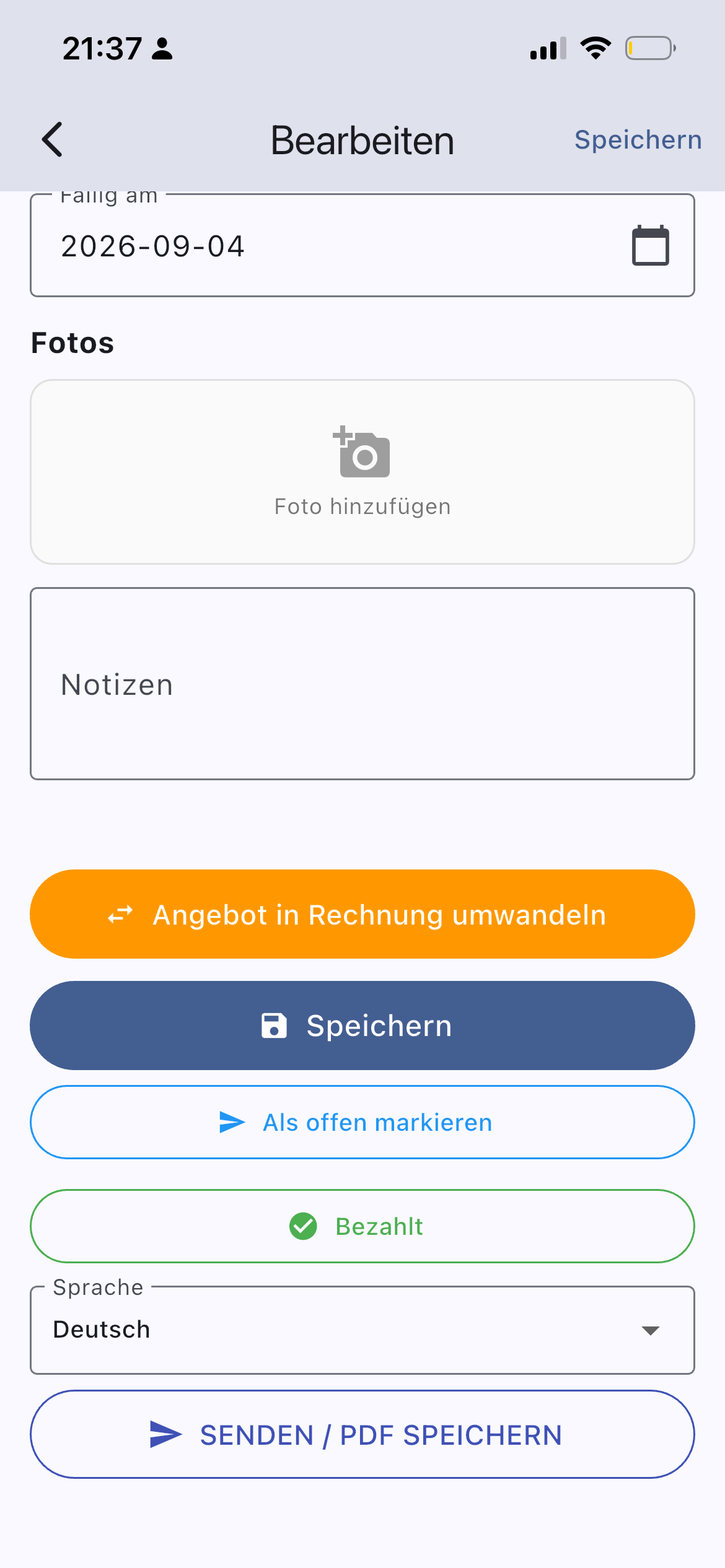InvoYX Angebot Positionen und Preise