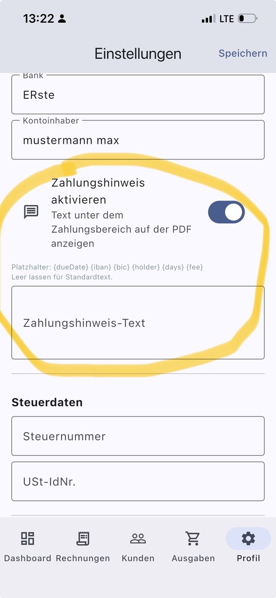 InvoYX Zahlungshinweis konfigurieren