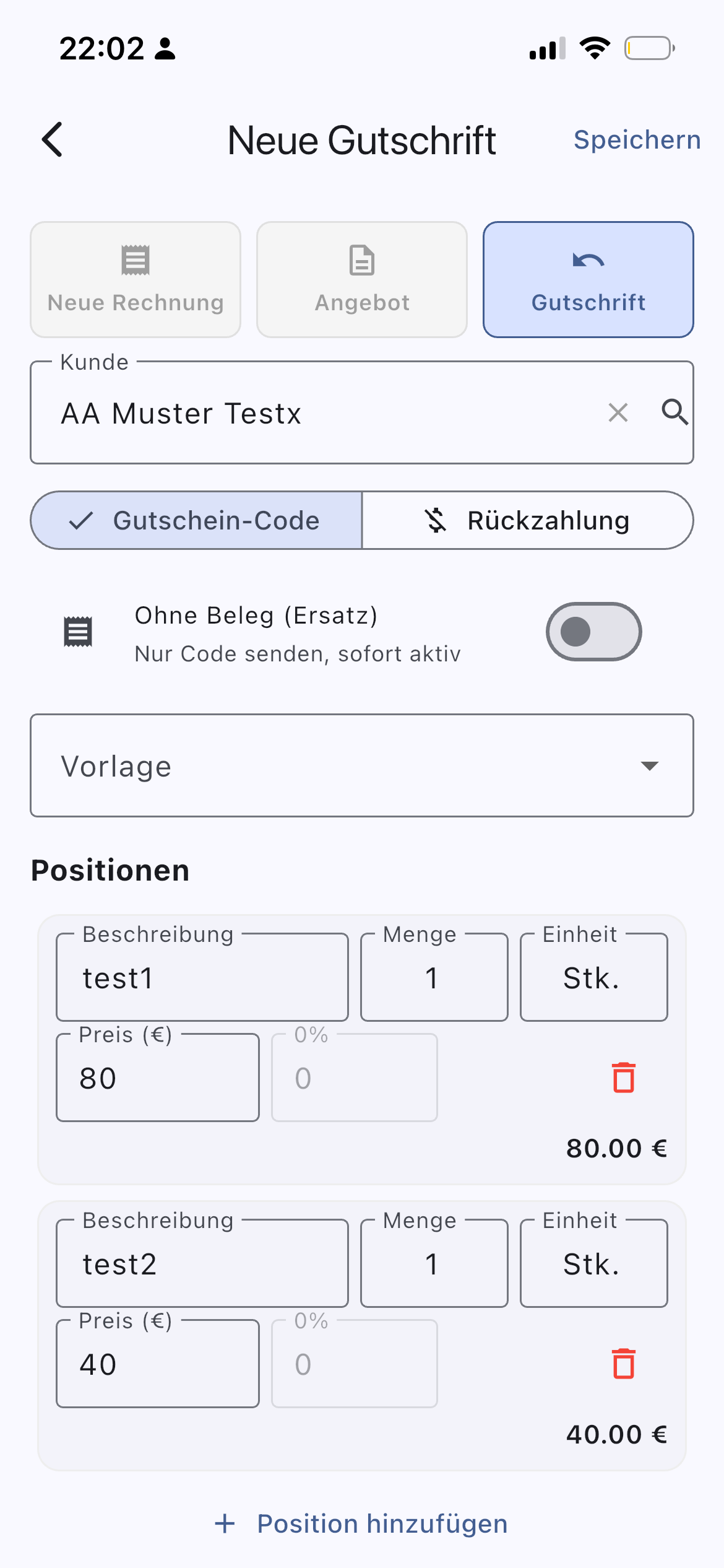 InvoYX Gutschein ohne Beleg